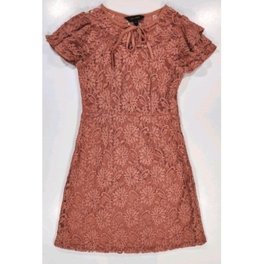 Zink London Lace Mini Dress XS Polyester Floral Tie-Neck Flutter Sleeve Boho